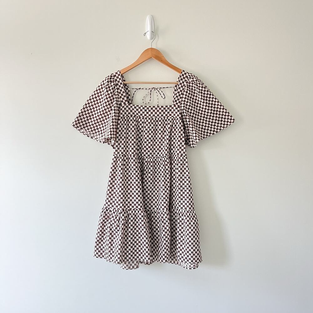 Abercrombie & Fitch Angel Sleeve Trapeze Mini Dress Brown Checkered Size Medium - Picture 4 of 14